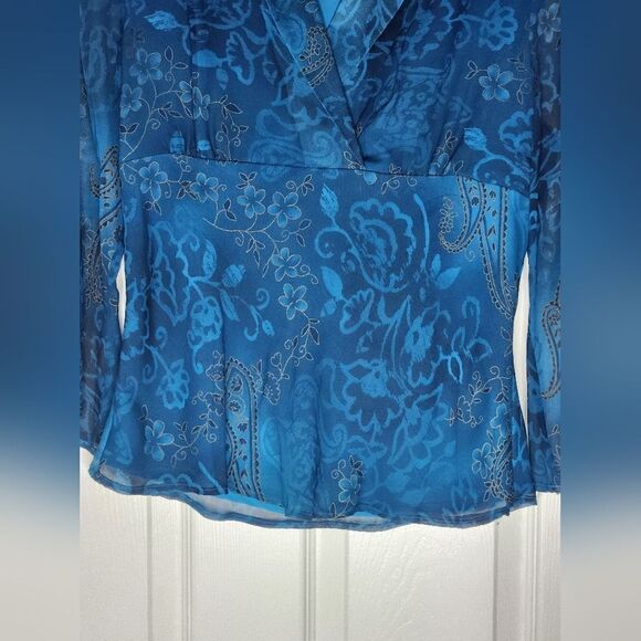 New York City M NavyUsafaBlue 100% SILK Bell Slv Lined Collar Women Blouse - Picture 3 of 12